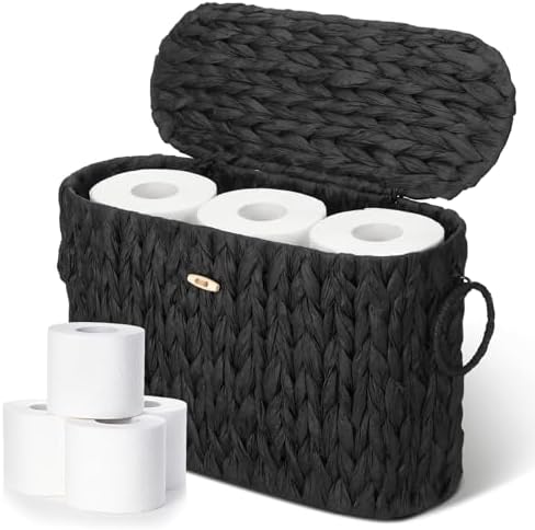 Kathfly Black Toilet Paper Storage Basket with Lid and Handles