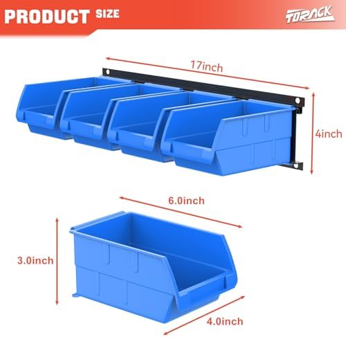 TORACK Wall-Mounted Storage Bins, 8 Plastic Bins & 2 Tracks, Blue