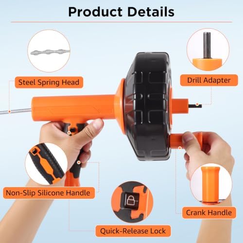 33FT Drain Auger with Drill Adapter, Plumbing Snake for Sink Bathroom Tub