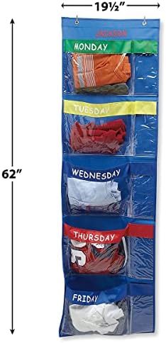 Lillian Vernon Primary Colors Days Of The Week Hanging Clothing Organizer–Personalize With Name, Weekly Monday-Friday Over Door Weekday Kids Clothes Storage System, Sturdy Primary Poly, 19-1/2" x 62"