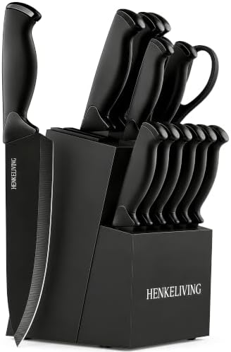 14-Piece Black Kitchen Knife Block Set with Built-In Sharpener