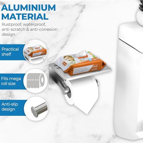 Toilet Paper Holder with Shelf and 2 Towel Hooks - Self Adhesive Toilet Paper Storage - Tissue Roll Holder with Phone Shelf - Wall Mount Toilet Roll Bathroom Organizer - Brushed Nickel