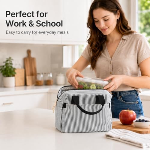 Bluboon Lunch Box for Women Cute Lunch Bag Reusable Insulated Lunch Bags Large Capacity Lunchbox Cooler for Work Picnic or Travel Gifts (Black White Vertical Stripes, 10 x 7.5 x 8 inches)