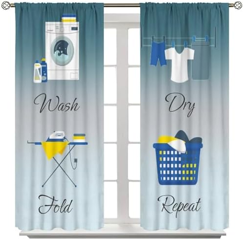 JESTRONRY Laundry Room Blue Theme Curtains,Simple Drawn Wash Dry Fold Repeat Decor Print Fabric Window Treatments Kitchen Bathroom Curtain, Home Decor Rod Pocket Window Drapes 72x63 Inch Blackout
