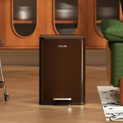 Kitchen Bathroom Trash Can - Stainless Steel Garbage Cans with Foot Pedal, Recycling Bin with Lid for Office Bathroom Decor (Coffee, 13 Liter / 3.5 Gallon)