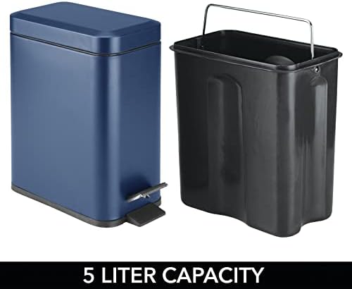 mDesign Small Modern 1.3 Gallon Rectangle Metal Lidded Step Trash Can, Compact Garbage Bin with Removable Liner Bucket and Handle for Bathroom, Kitchen, Craft Room, Office, Garage - Navy Blue