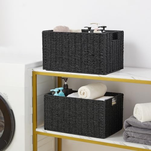 Vagusicc Wicker Storage Basket, Set of 2 Hand-Woven Paper Rope Wicker Basket, Small Storage Baskets for Organizing Toilet Paper Basket, Foldable Large Cube Storage Organizer Bins for Shelves (Black)