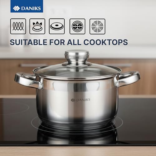 Daniks Standard 3 Quart Stainless Steel Stock Pot with Glass Lid, Try-Ply Bottom for Even Heating, Induction Compatible, Dishwasher Safe, Built-In Measuring Scale, Silver