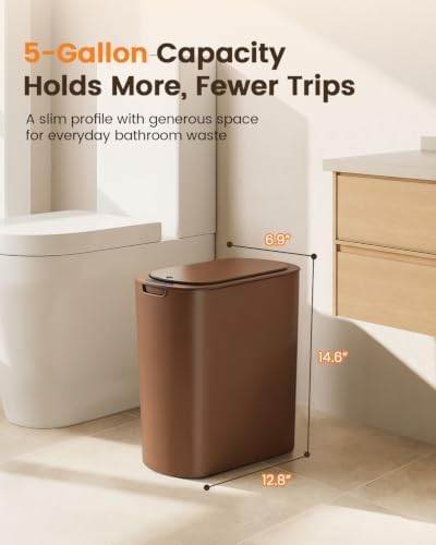 TIPGO 5 Gallon Automatic Bathroom Trash Can with Lid, Brown, Touchless