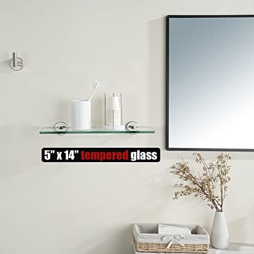 JQK Bathroom Glass Shelf, Tempered Glass Shower Storage 14 by 5 inches, 304 Stainless Steel Brushed Finish Wall Mount, TGS101L14-BN