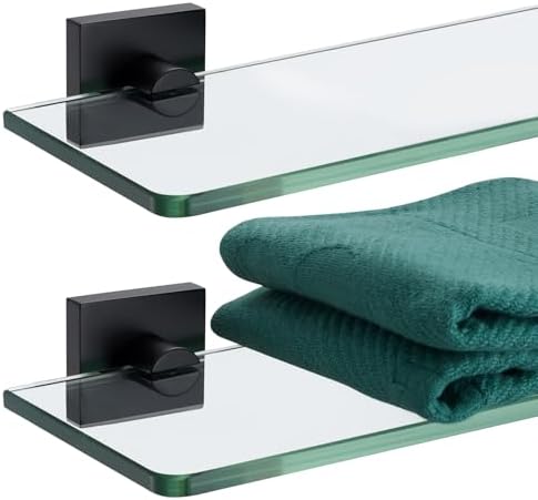 KOKOSIRI Glass Shelf Floating Bathroom Shelves 12-Inch Tempered Glass Rack for Shower Storage Wall Mount, 2 Pack Black Stainless Steel B1107BK-L12-P2