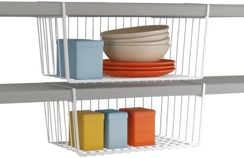 Modern Home Under Shelf Wire Storage Baskets – Hanging Organizer Rack for Cabinet, Pantry, or Closet – White Metal Basket for Kitchen, Towels, or Office – No Tools Required (Set of 2 15")
