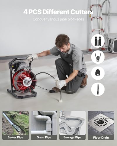 VEVOR 50FT x 1/2 Inch Drain Cleaning Machine, 250W Electric Drain Auger, Portable Sewer Snake Auger Cleaner with Cutters & Air-Activated Foot Switch for 1" to 4" Pipes, Black, Red