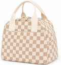 LOVELYWIND Lunch Box for Women, Insulated Lunch Bag,Beige Checkered Tote