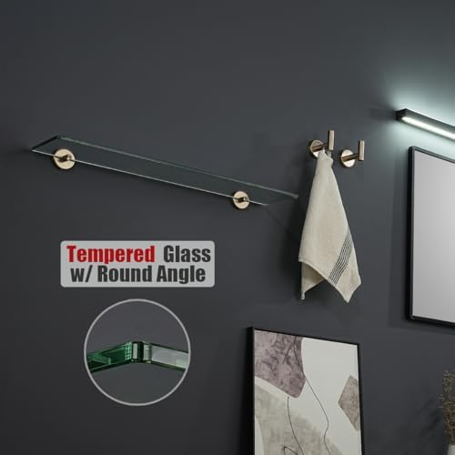JQK Bathroom Glass Shelf, Tempered Glass Shower Storage 24 by 5 inches, 304 Stainless Steel Champagne Bronze Wall Mount, TGS101L24-CB