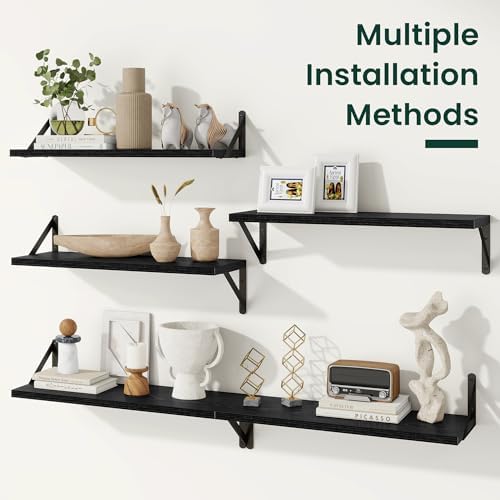 Floating Shelves 8 Inch Deep, 24W x 8D Wall Shelf Set of 2, 50 lbs Heavy Duty Reversible Metal Brackets, Industrial Book Shelf for Living Room Kitchen Bathroom Bedroom Gallery Wall, Black
