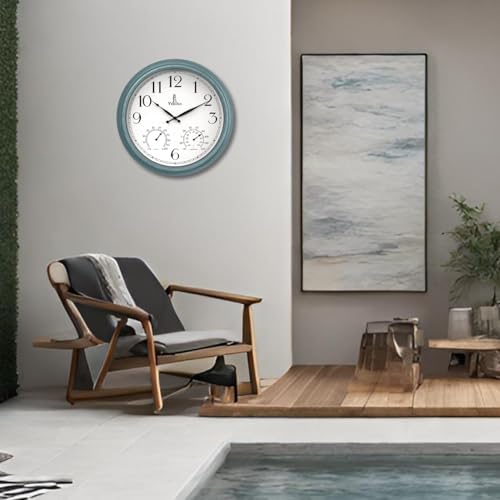 Large Outdoor Patio Clock - Waterproof Thermometer Combo, 18 Inch, Teal
