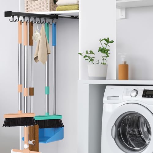 Pull Out Broom Holder With Adjustable Double Row Sliding Hook-Black 18.11in