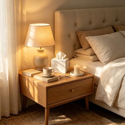 White Marble Tissue Holder Square Real Stone Tissue Box Cover for Bathroom, Decorative Napkin Box Premium Tissue Holder Cover for Living Room, Bedroom, Office, Toilet