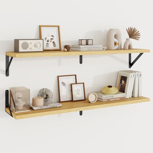 Floating Shelves 8 Inch Deep, 36W x 8D Wall Shelf Set of 2, 60 lbs Heavy Duty Reversible Metal Brackets, Industrial Book Shelf for Living Room Kitchen Bathroom Bedroom Gallery Wall, Oak