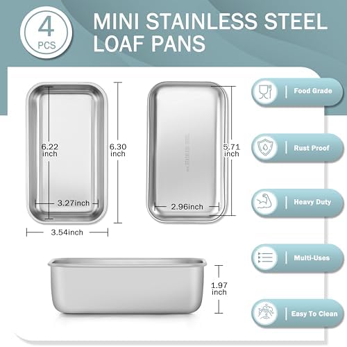 TeamFar Mini Loaf Pan, 4 PCS Stainless Steel Loaf Pans for Baking Bread
