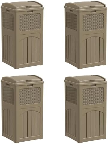 Greesum 33 Gallon Resin Outdoor Trash Can with Lid, Waterproof Resin Garbage Bin for Hideaway, Patio, Deck, 4 Pack, Light Brown