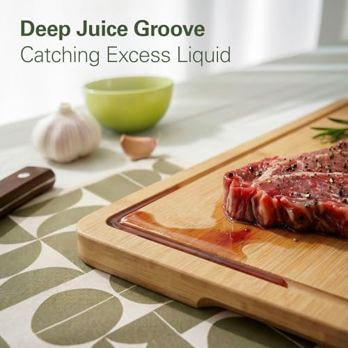 Zarler Bamboo Cutting Boards for Kitchen, 4 Piece Durable Wood Cutting Board with Juice Grooves and Handles, Wooden Chopping Board Set for Meal Prep, XL Size, Ideal Kitchen Gift
