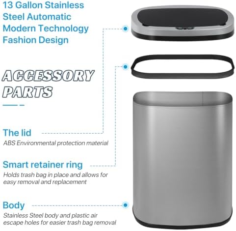 Kitchen Trash Can | Stainless Steel 13 Gallon Trash Can | 50L Touch Free Garbage Can with Lid | Electronic Sensor High Capacity Trash Bin for Bathroom Kitchen Office, Silver