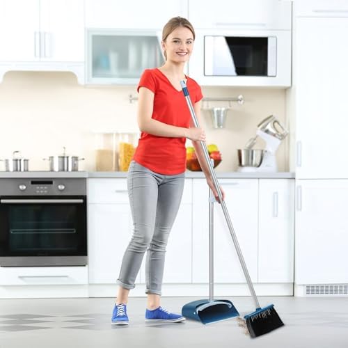 TreeLen Standing Dustpan and Broom Set with 52 Inch Long Extendable Handle for Cleaning Home, Interiors, Kitchens, Office Lobby Floors, Blue