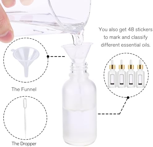 PrettyCare 1oz Glass Dropper Bottle Set of 24, Thick Rose Frosted Glass Bottles Empty with Leakproof Caps, Labels, Funnels - 30ml Eye Dropper Bottles for Storage, Travel, Essential Oils, Tincture
