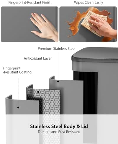 Lovewind Double Trash Can Kitchen, 13+5.5 Gallon Stainless Steel Dual Trash and Recycle Bin Combo with Silent Close Lid, Heavy-Duty Foot Pedal, Easy to Clean Garbage Can for Large Families, Grey