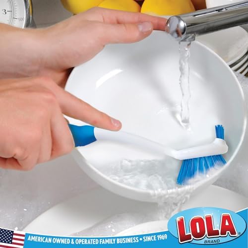 Dish Brush Scrubber for Kitchen, 4 Pack, by LOLA, Has Stiff Bristles & Food Scraper, Comfort No-Slip Grip Handle, Safe for Non-Stick & Coated Cookware