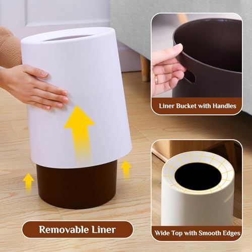 2 Pack Round Modern Trash Can Bedroom, 3Gal/12L Bathroom Trash Can Hidden Bag, Open Top Trash Bin Round Plastic, Minimalist White Garbage Can with Inner Bucket (with 2 Handles) for Kitchen Office
