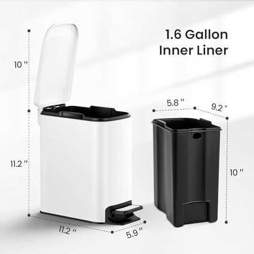Cesun Small Bathroom Trash Can with Lid, 1.6 Gal, Soft Close, White