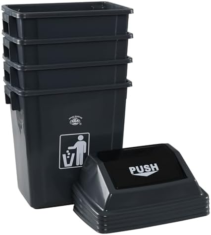 6 Gallon Plastic Swing Top Garbage Can, 4 Pack Kitchen Trash Bins with Swing Lid, Gray