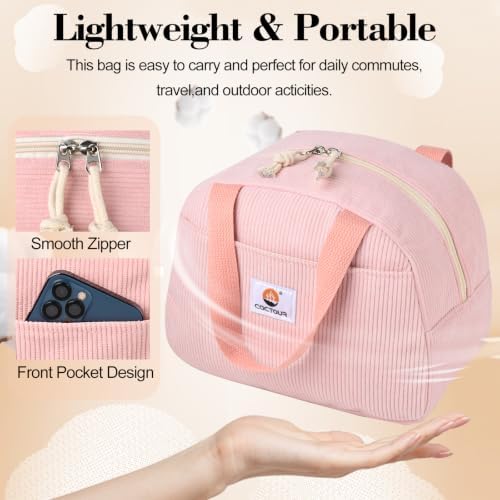 CaCTOUR Lunch Box Lunch Bag for Women Girls Teens, Cute Lunch Box Cooler Bag, Portable Small Insulated LunchBox Reusable Corduroy Lunch Tote for Work/Travel/Picnic/School(Pink)