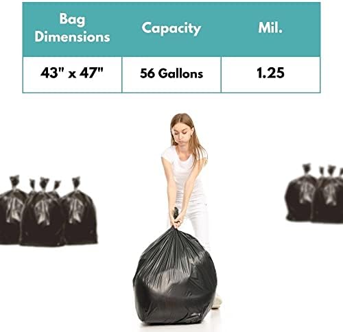 56 Gallon Black Trash Bags, 100 Count, 1.25 Mil Thick, For Commercial Kitchen, Warehouse, Office, Janitorial, Can Liners, Large Garbage Bags