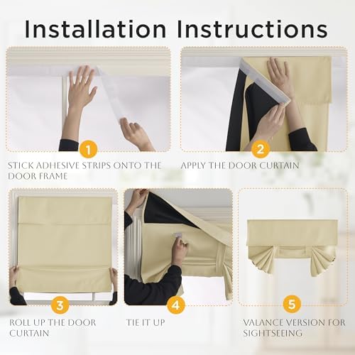 RYB HOME 2 Panels 100% Blackout Classroom Door Window Cover - W8 x L36, Biscotti Beige - No Drill for Classroom Side Window French Door Thermal Insulated Privacy Assured Curtains