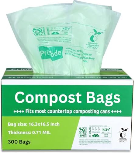 Compost Bags, Compostable Trash Bags 2.6 Gallon Compostable Bags Small 300 Count Compost Bags for Countertop bin Extra Thick 0.71 Mil. ASTM D6400 Certified By BPI and TÜV AUSTRIA 2.6 Gallon, 300 Units
