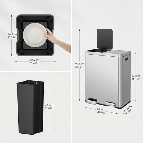 EKO Edison Dual Trash Can for Recycling and Trash, 8+8 Gallons Kitchen Garbage Can with Dual Removable Inner Liners, Independent Lids and Pedals, Matte Stainless Steel