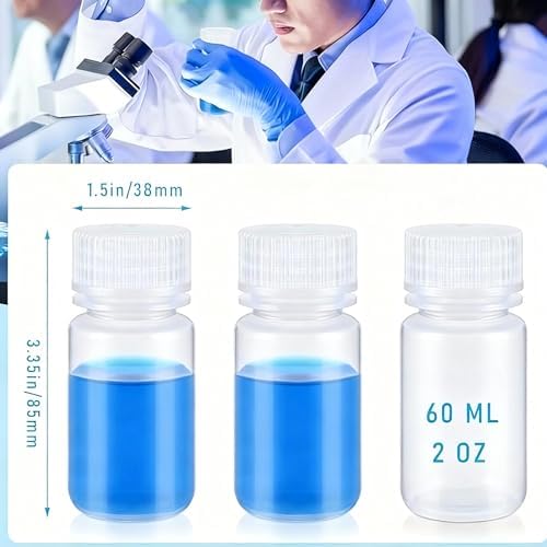 Tatuo 6 Pcs 2 oz 60ml Polypropylene Reagent Bottle Plastic Sample Bottles with Screw Caps Transparent PP Sample Containers with Lid for Liquids, Laboratory, Storage at Home (Clear)