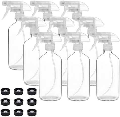 9 Pack Glass Spray Bottles, 16oz Empty Clear Boston Round Bottles Refillable Container with Trigger Sprayer for Cleaning Solutions, Essential Oils, Misting Plants