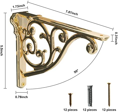 khtumeware Shelf Brackets 8 Inch 4pack Heavy Duty Gold Brass Wall Bracket Baroque Kitchen Decorative Rack Shelves, Including All Hardware. (4, Gold)