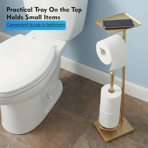 Gold Toilet Paper Holder with Shelf, Free Standing Toilet Paper Stand with Storage for Holding Extra 3 Rolls, Tissue Holder for Bathroom (Gold with Metal Base)