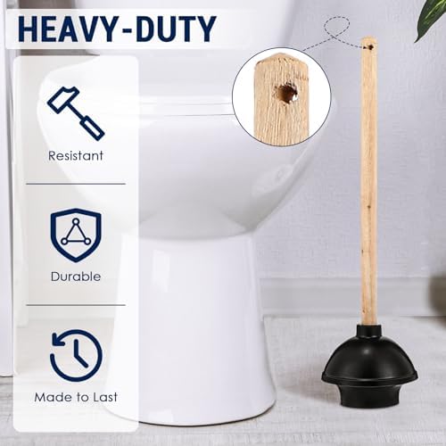 Dandat 6 Pcs Heavy Duty Rubber Toilet Plunger with Wooden Handle, Black