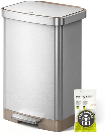 EKO Hudson Matte Stainless 50 Liter/13.2 Gallon Step Trash Can with Rear Trash Bag Storage Compartment