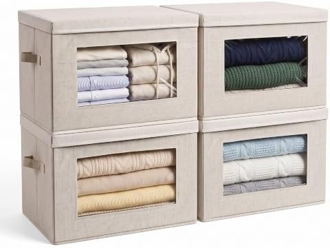 4-Pack 15" Fabric Storage Bins with Lids, Closet Organizers and Storage Boxes with Clear Window, Foldable Clothes Baskets for Blankets, Beige