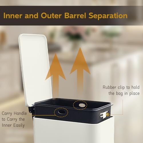 Bathroom Trash Can, Pedal Trash Bin with Removable Liner, White