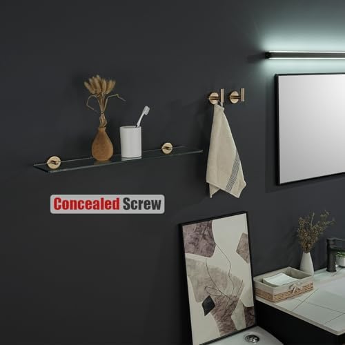 JQK Bathroom Glass Shelf, Tempered Glass Shower Storage 24 by 5 inches, 304 Stainless Steel Champagne Bronze Wall Mount, TGS101L24-CB