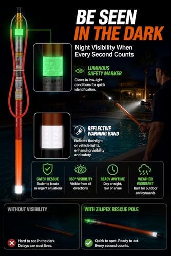 15FT Telescopic Pool Rescue Pole with Safety Hook, Fiberglass Water Safety Equipment for Pools, Docks, Marinas & Lakefront Properties, Emergency Rescue Tool for Homes, Resorts & Community Facilities